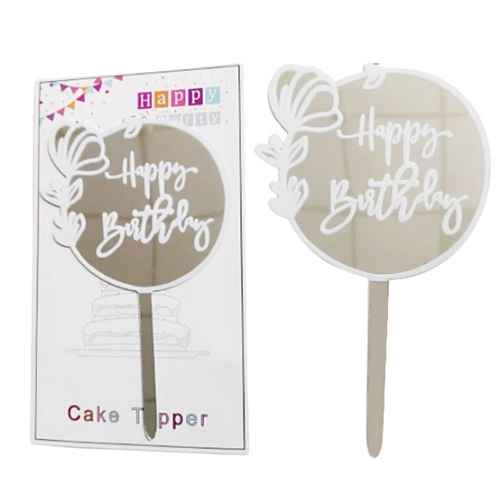 Topper ozdoby na tort napis Happy Birthday okrągły srebrny dekoracje urodzinowe